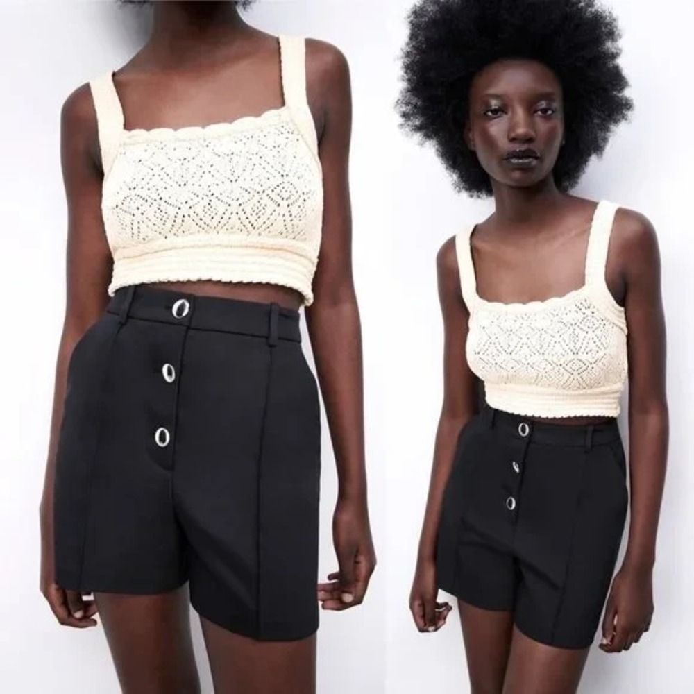 Zara Women's Black High Waist Shorts S Nautical Gold Metal Buttons Side Zip NWT